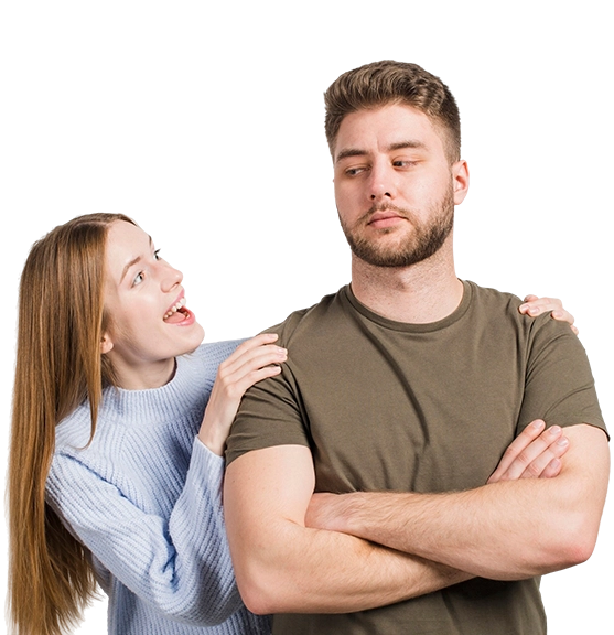 Woman Comforting Man with Crossed Arms, Couples and Family Counseling